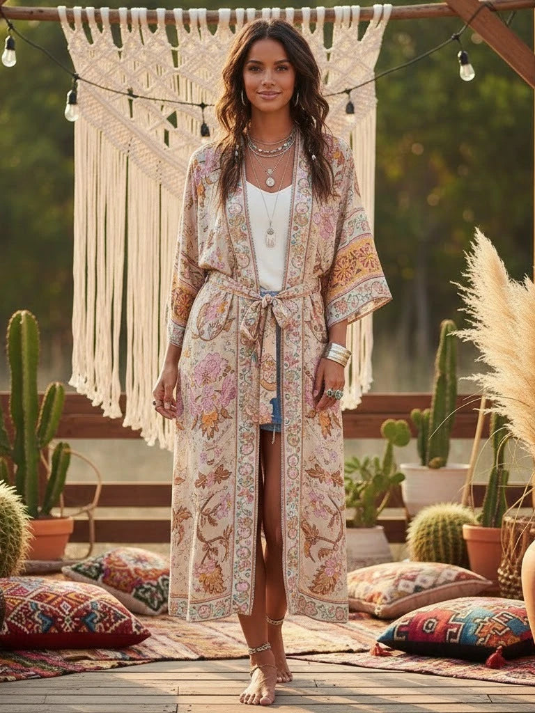 Boho Queens Women Peacock Print Bat Sleeve Beach Bohemian Kimono Robe Ladies V Neck Tassel Summer Happie Bikini Cover-ups - Matrix Studios