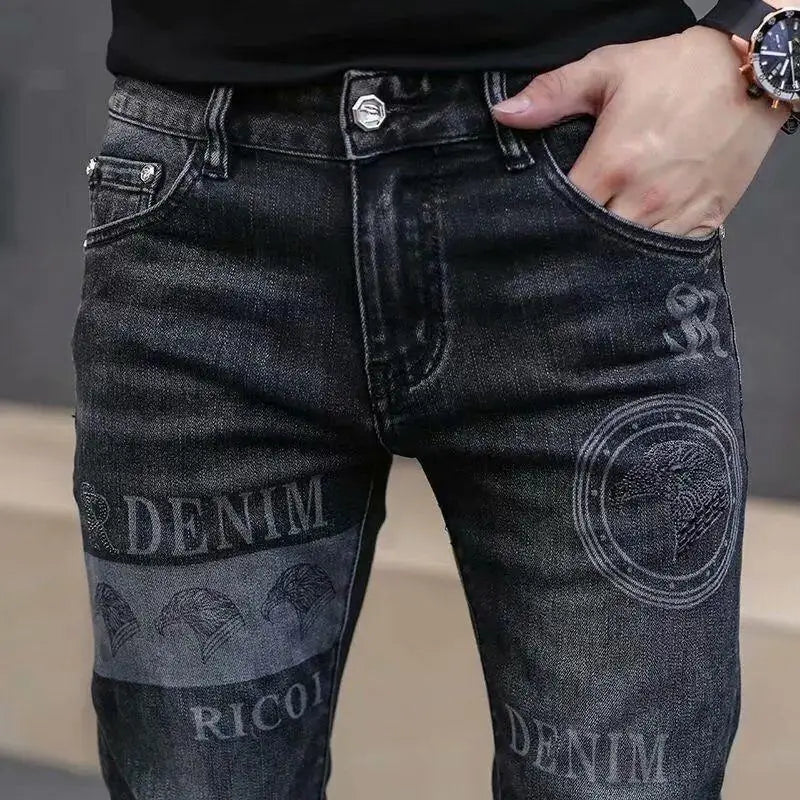 High End Stylish Classic Distinctive Printed Black Stretch Denim Jeans for Men High Quality Slim Fit Stretch Luxury Denim Pants - Matrix Studios