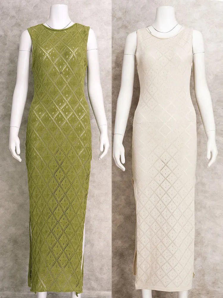 Sexy Cut Out Slit Knit Mesh Swimsuit Cover Up Pareo Tunic 2026 Summer Beach Maxi Dress Bikini Cover-ups Women Beachwear A2318 - Matrix Studios
