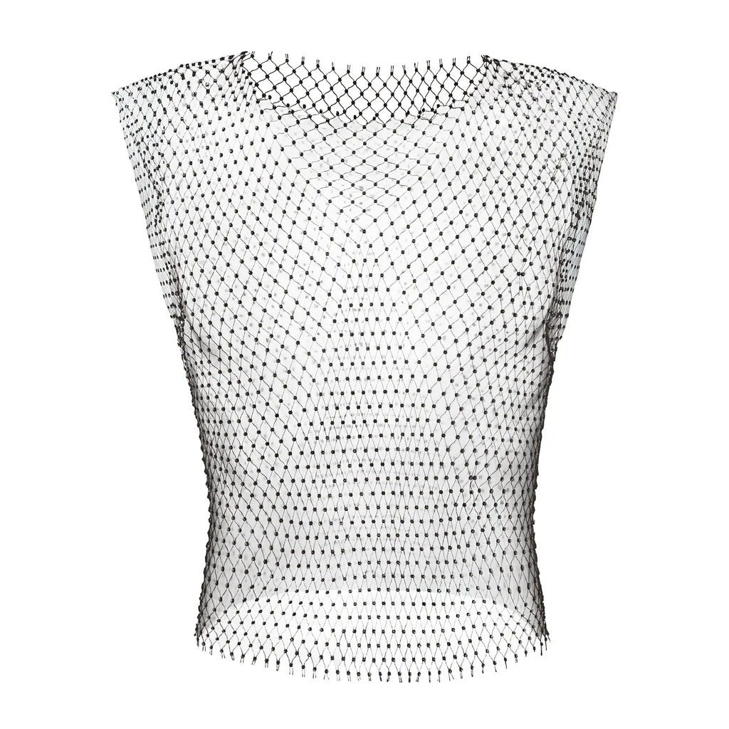 Men Sexy Tank Tops Fishnet Rhinestone Shiny Hollow Vest Man Mesh See-Through Sleeveless T-Shirt Transparent Clothing - Matrix Studios