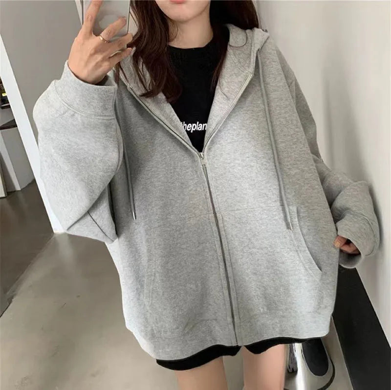 Oversize Women's Sweatshirts Autumn Casual Korean Long Sleeve Hooded Zip-up Y2k Hoodies Streetwear Harajuku Female Clothes Black - Matrix Studios