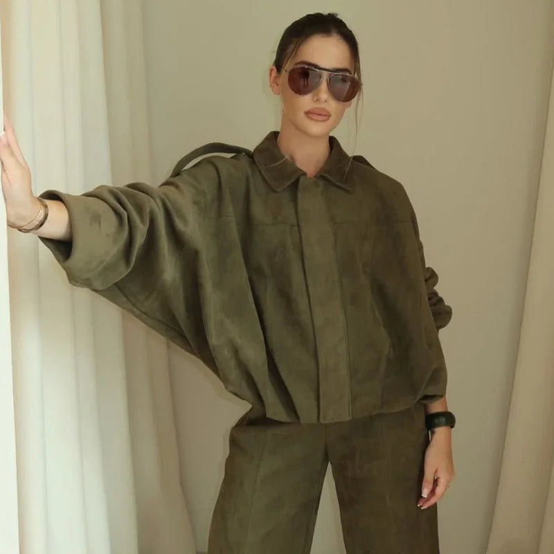 HXAO Women's Bomber Jacket Lapel Long Sleeve Zipper Suede Jacket Women 2025 High Street Cropped Racing Jackets Coats Outerwears - Matrix-studios.com