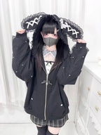 Vintage Kawaii Long Sleeve Loose Coat with Hooded Women Japanese Cute Zipper Sweatshirts Female Casual Y2k Jacket Overcoat Chic - Matrix Studios
