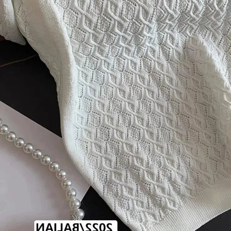 Ice Silk Polo Shirt Knitted Short Sleeve T-Shirt Summer Chic Thin Unique Jacquard Women Tops 2026 Korean Style Women’s Clothing - Matrix-studios.com