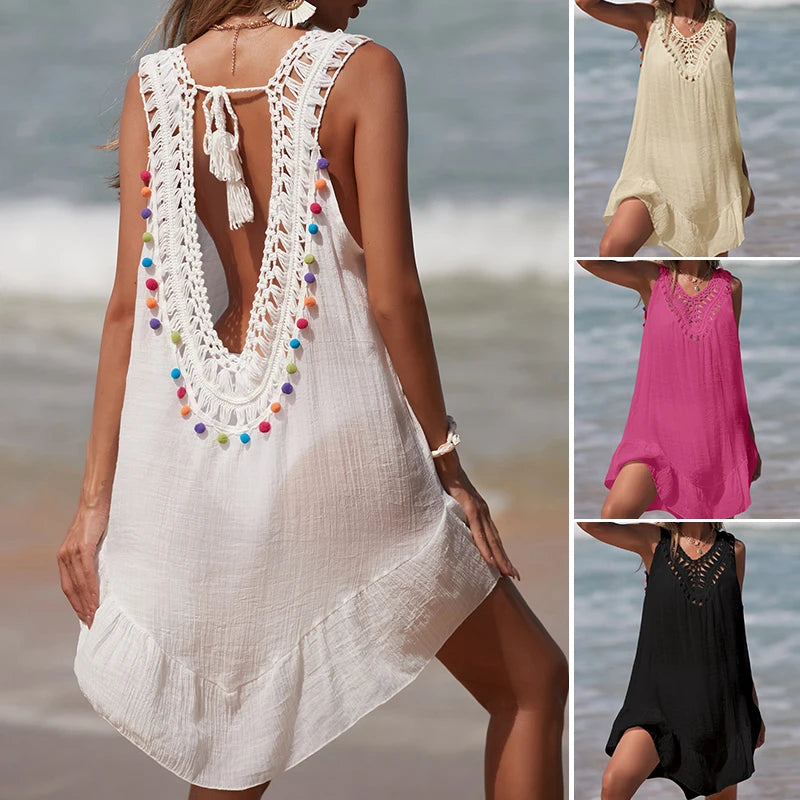 Women V-Neck Backless Hollow Out Short Dress Crochet Splicing Wooden Ear Dress With Colored Balls Beach Swimsuit Cover Up - Matrix Studios