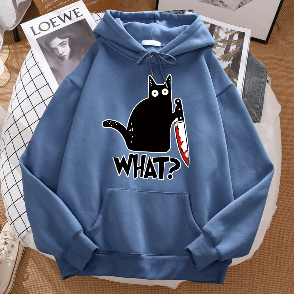 What Cute Little Black Cat Holding A Knife Men Hoodie Street Fleece Hoody Hipster Autumn Sweatshirt Hip Hop Clothing Woman - Matrix Studios