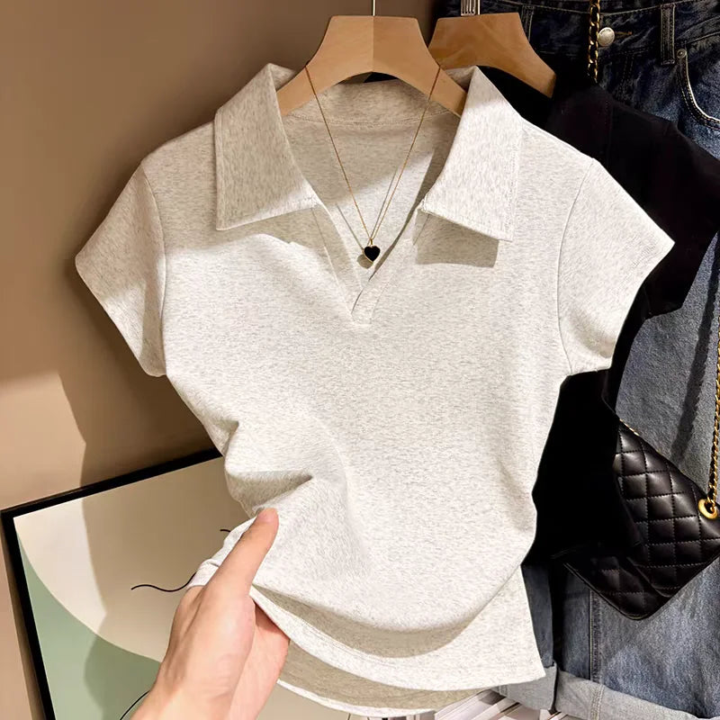 Polo TShirt Cotton Summer Sport T Shirt for Women Skinny Slim Basic Sexy Solid Grey Crop Top Short Sleeve  Casual Women Top Tee - Matrix-studios.com