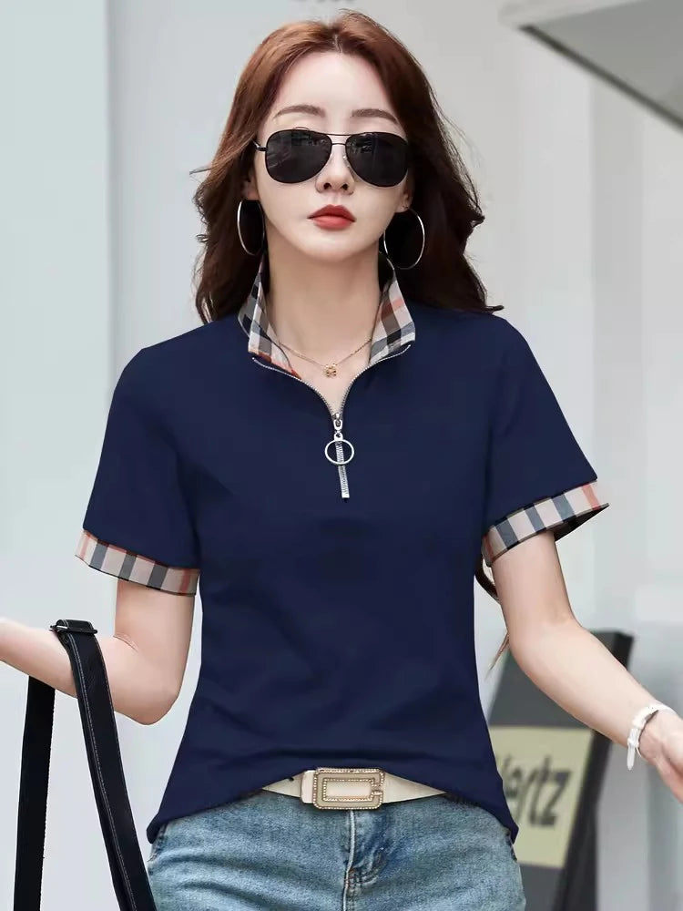 New Women Summer Cotton Polo T-shirt Fashion Button Plaid Turn-down Collar Short Sleeve Slim T-shirt Simplicity Casual Tees Tops - Matrix-studios.com