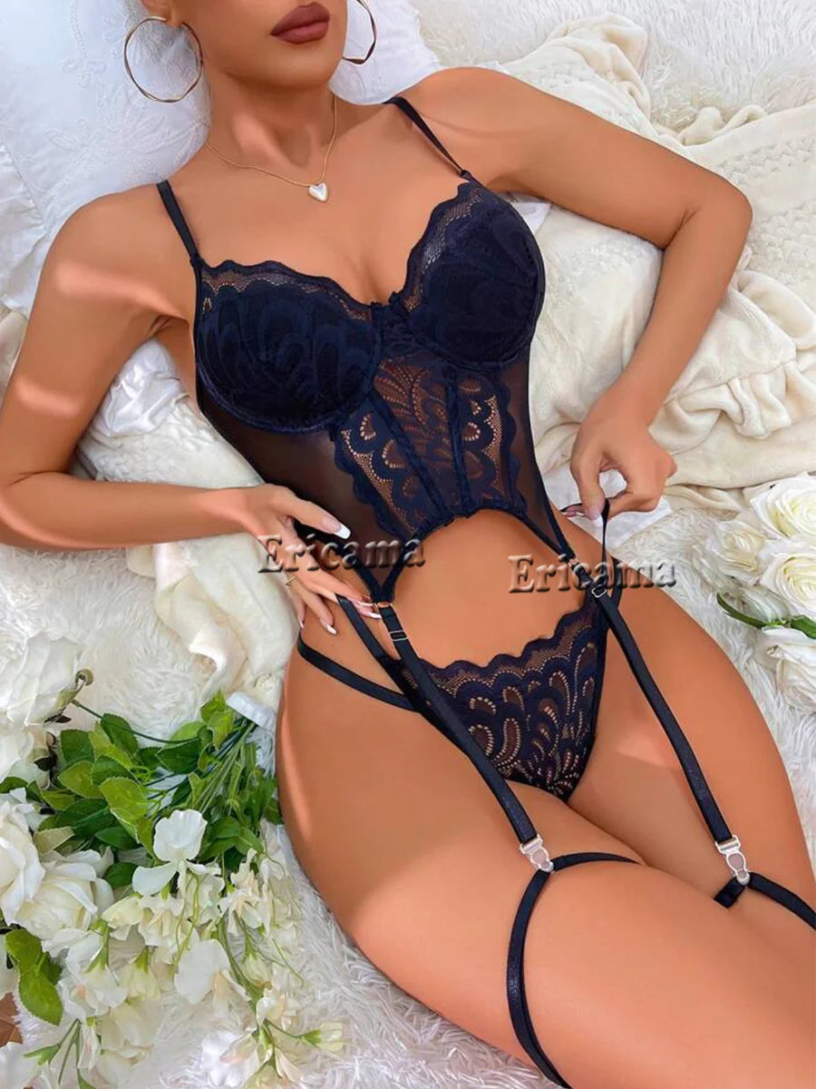 Floral Lace Garter Lingerie Set With Choker Women Intimates 2024 Underwire Bra And Thongs Ladies Underwear Set - Matrix-studios.com
