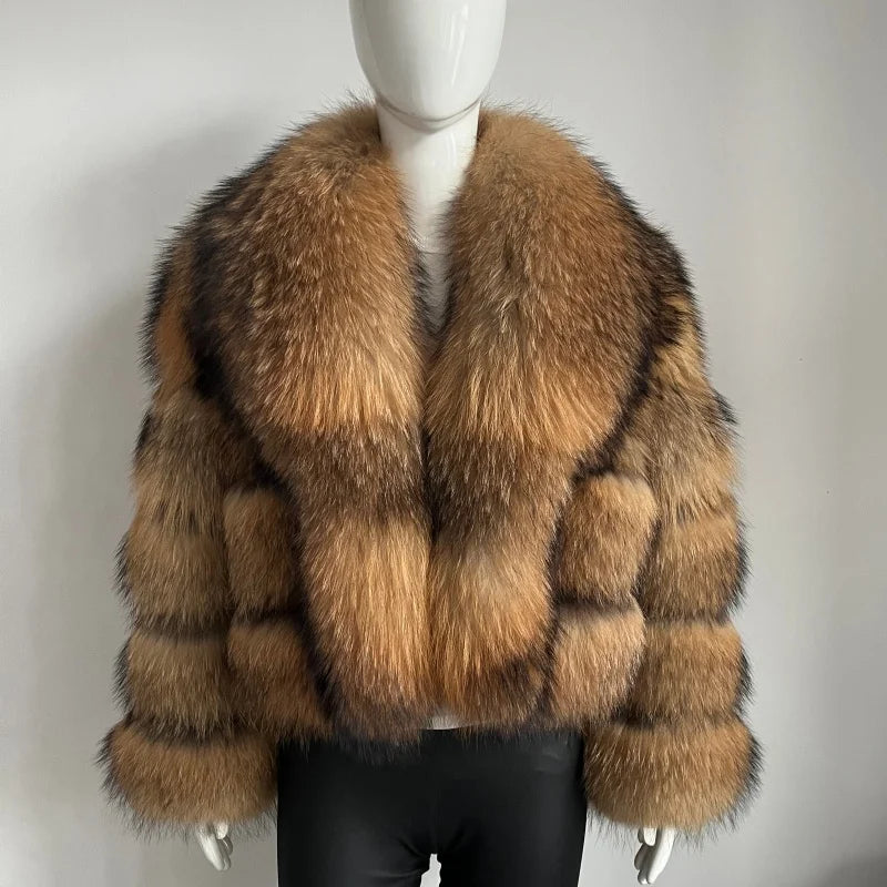 BEIZIRU Women's Real Raccoon Fur Coat Winter Long Sleeve Hooded Jacket with Turndown Collar Natural Luxury Thick Top - Matrix Studios