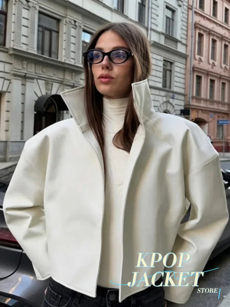 Women Cropped PU Leather Jacket Stand Collar Wide Flare Sleeve Asymmetrical Wrap Open Front Coat 2026 Autumn Chic Loose Jackets - Matrix Studios