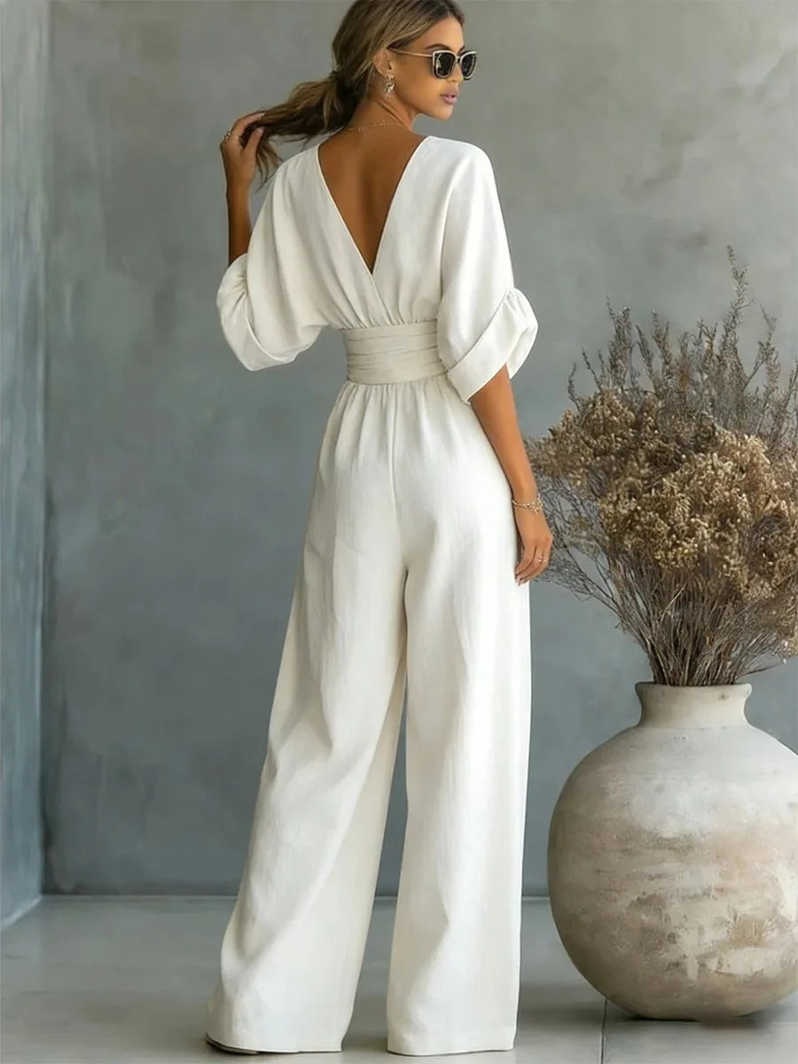 Women's Jumpsuit Fashion High Waist V-neck Jumpsuits for Woman Sexy White Office Wide Leg Trousers Overalls Vacation Outfit New - Matrix Studios