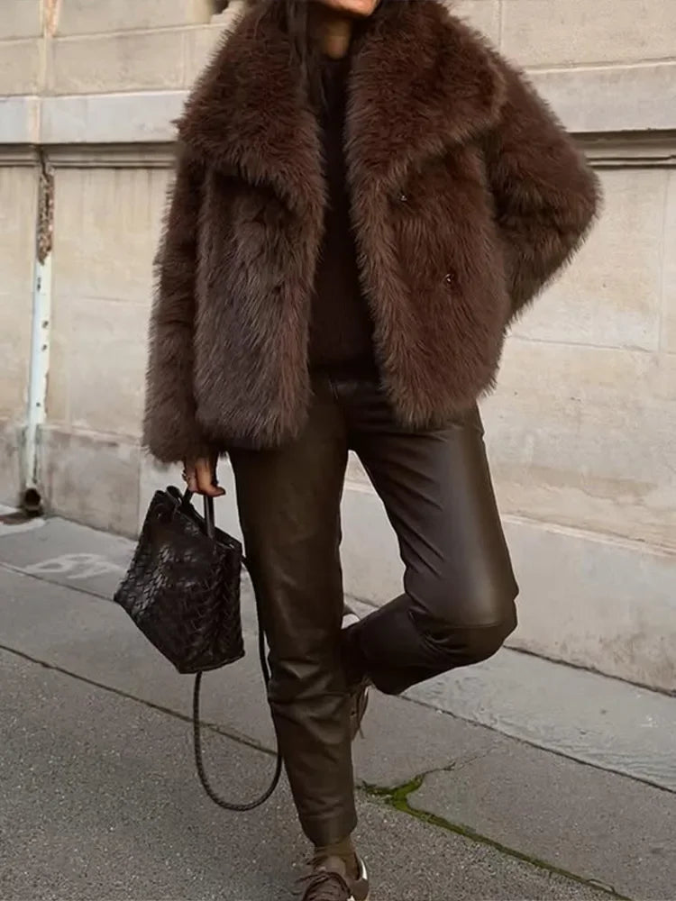 Brown Fluffy Fur Jacket Women's Casual Lapel Loose Long Sleeves Thicken Warm Short Coat 2025 Winter New Lady Commute Streetwear - Matrix Studios