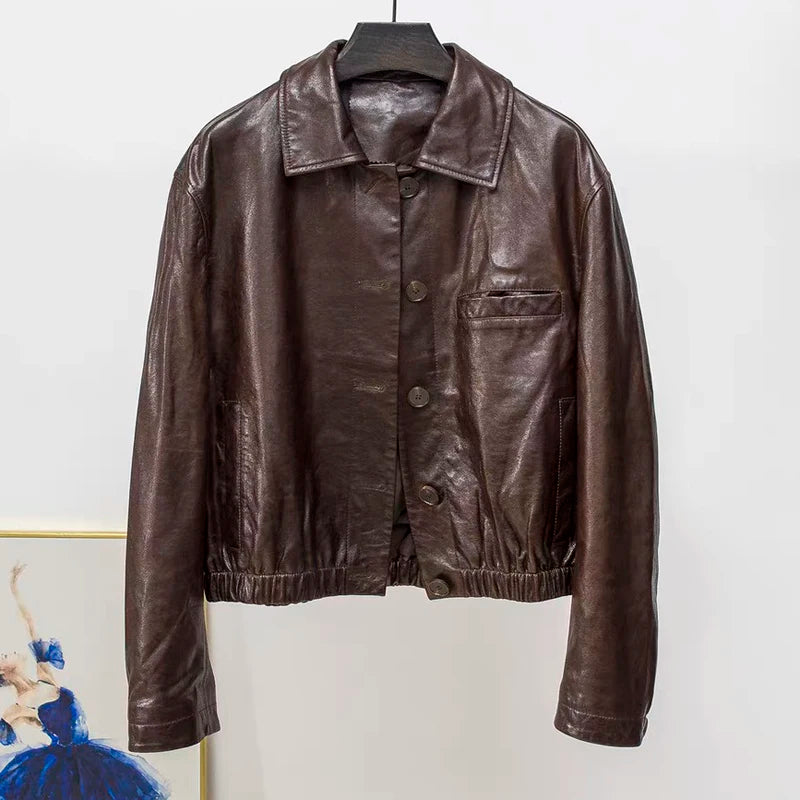 Advanced Oil Wax Leather Jacket for Women Autumn Winter Female 100% Lambskin Square Neck Elastic Waist  Loose Coat Vestes Femmes - Matrix Studios