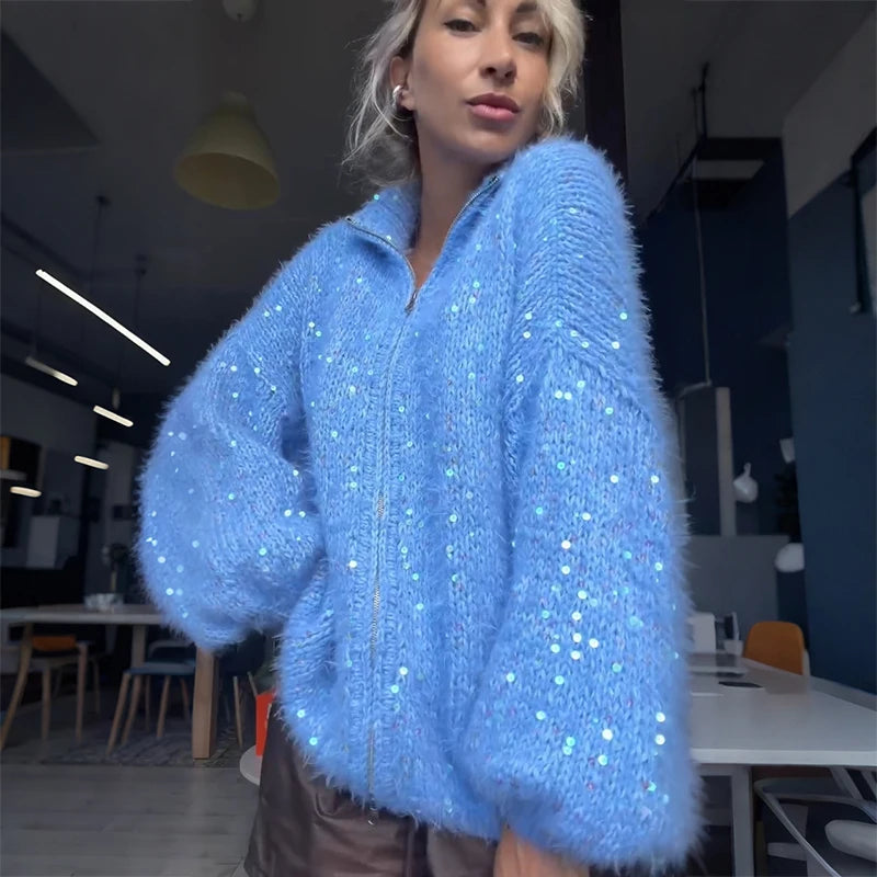 Shiny Sequin Stand Collar Women's Cardigans Double Zippers Full Sleeve Loose Sweater Cardigan 2026 Autumn Winter Casual Knitwear - Matrix Studios