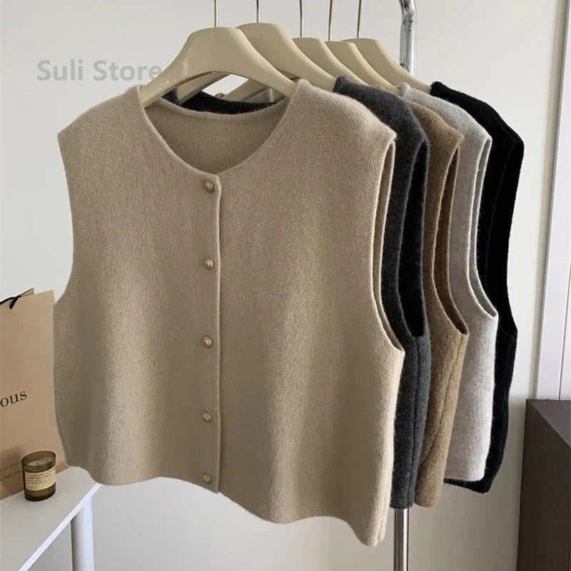 Women Sweater Vest Gold Button Up Waistcoat Soft Knitted Sleeveless Cardigan Jacket Top Fall Winter Korean Ladies Chic Outfit - Matrix Studios