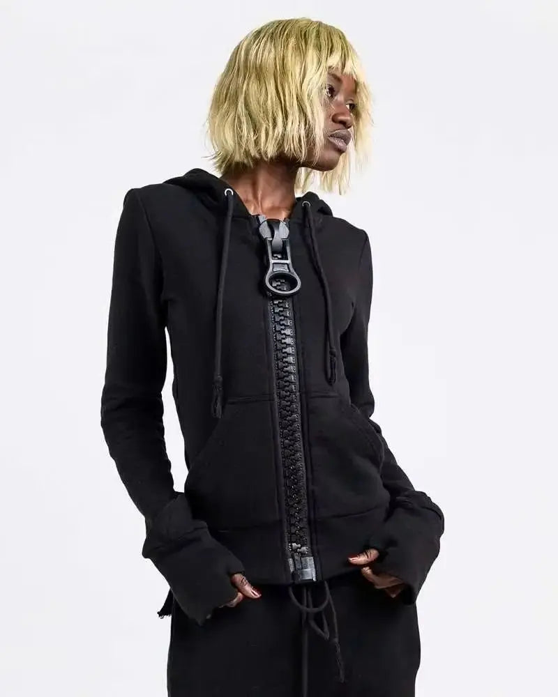 New Y2K American-style women's solid color large zipper loose cropped color-block hoodie fashionable street Harajuku style - Matrix Studios