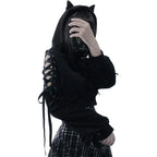 Y2k Gothic Womens Hoodie Cat Ear Crop Top Hooded Sweatshirt Hollow Out Lace Up Long Sleeve Hodded Casual Pullover Autumn - Matrix Studios