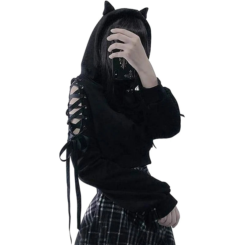 Y2k Gothic Womens Hoodie Cat Ear Crop Top Hooded Sweatshirt Hollow Out Lace Up Long Sleeve Hodded Casual Pullover Autumn - Matrix Studios