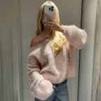 Talenza Women's Plush Pullover Fashion Solid Loose High Street Sweaters Vintage Chic Strapless Autumn Casual Female Pullovers - Matrix Studios