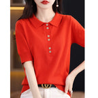 Women's T-shirt Summer 100% Cotton Sweater Short Sleeve Casual Knitwear POLO Collar Ladies' Tops Loose Pullover Tees Buttons - Matrix-studios.com