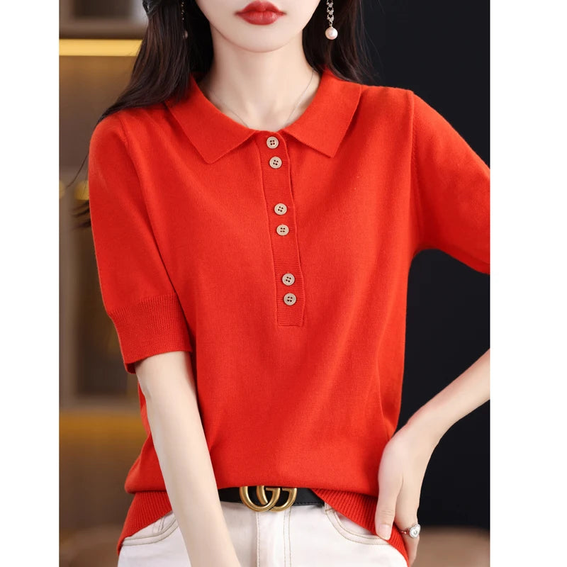 Women's T-shirt Summer 100% Cotton Sweater Short Sleeve Casual Knitwear POLO Collar Ladies' Tops Loose Pullover Tees Buttons - Matrix-studios.com
