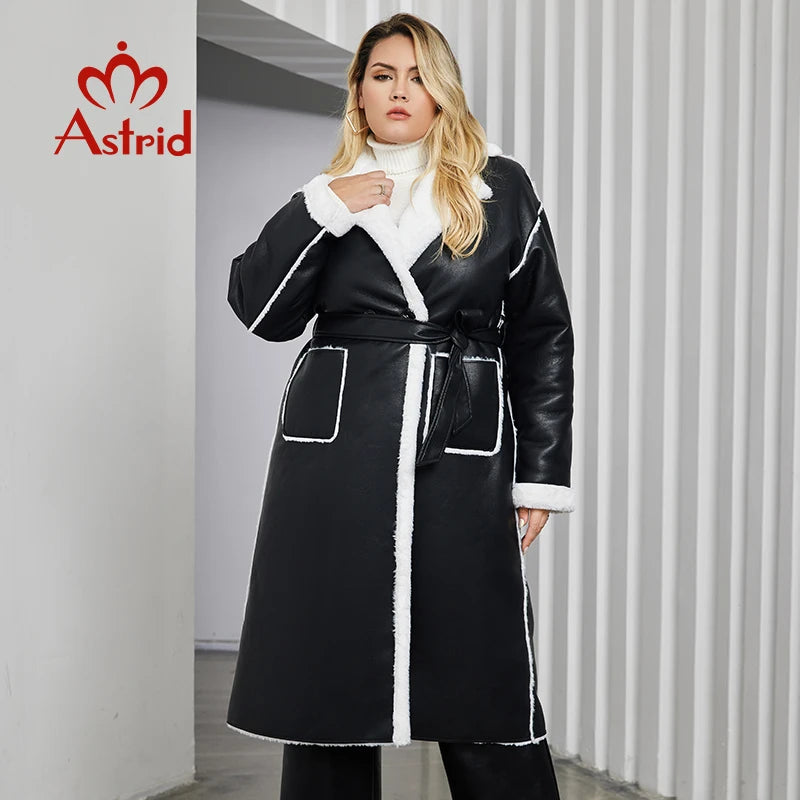 Astrid 2023 Winter Faux Leather Jacket Women Plus Size Long Warm Plush Collar Padded Coat Fashion Pocket Cotton Female Parkas - Matrix Studios