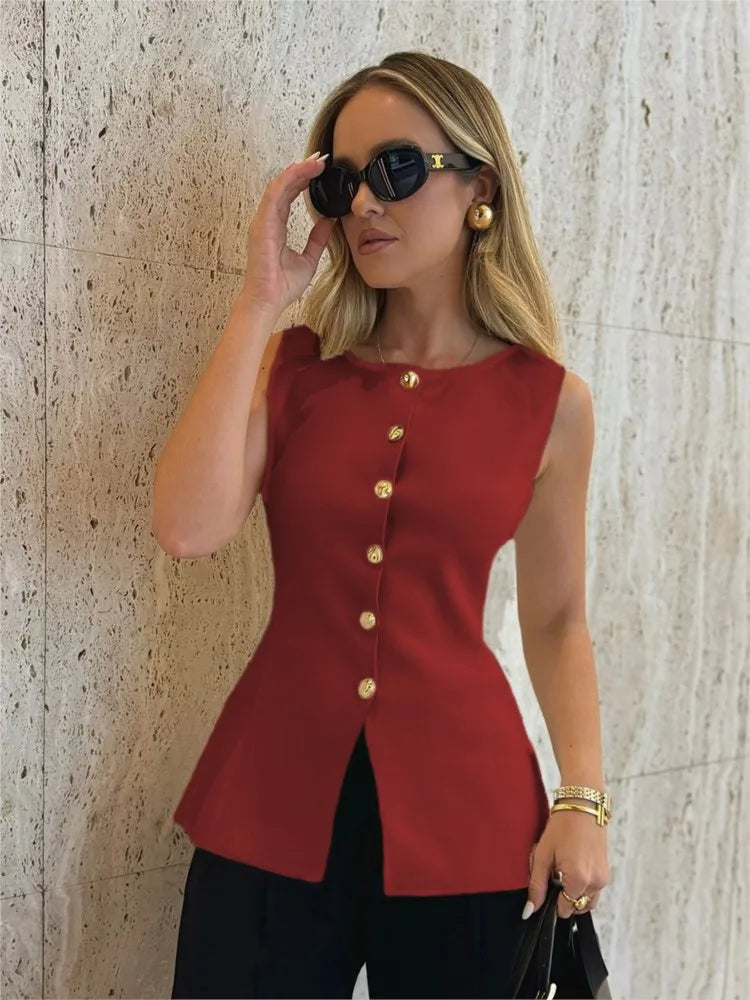 Summer New Arrival Elegant Knit Round Neck Waistcoat Women Leisure Fashion Single-breasted Sleeveless Vest Slim Fit Cardigan Top - Matrix Studios