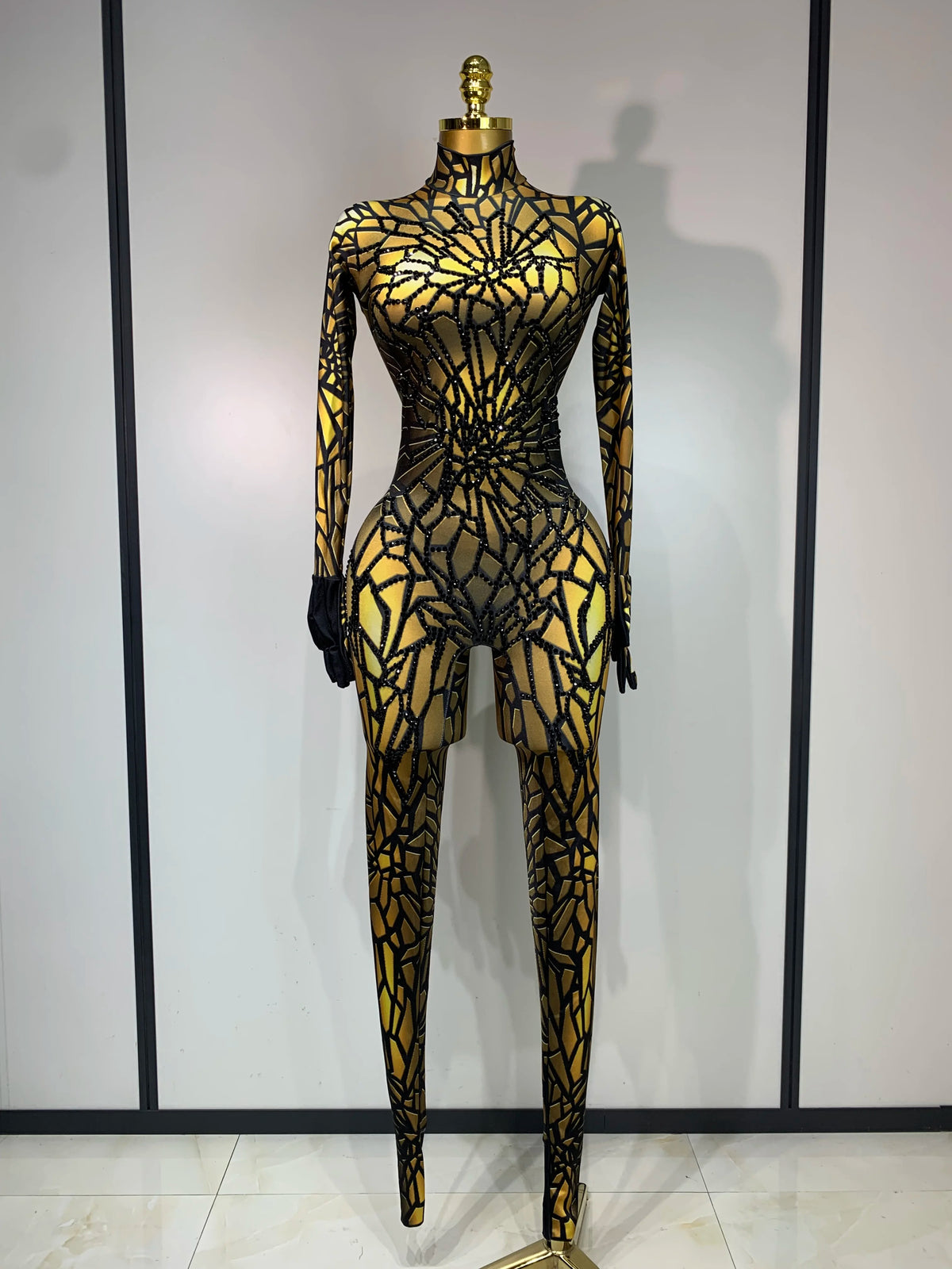 Women Sexy Black Rhinestone Stretch Bodycon Jumpsuit Club Evening Party Birthday Wear Singer Dancer Stage Perform Costume - Matrix Studios