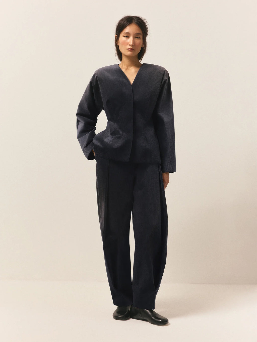 Laur V Neck Corduroy Two Piece Set Women Long Sleeve Jacket Split Tapered Pants Minimalist Autumn Office Daily Matching Suit - Matrix-studios.com