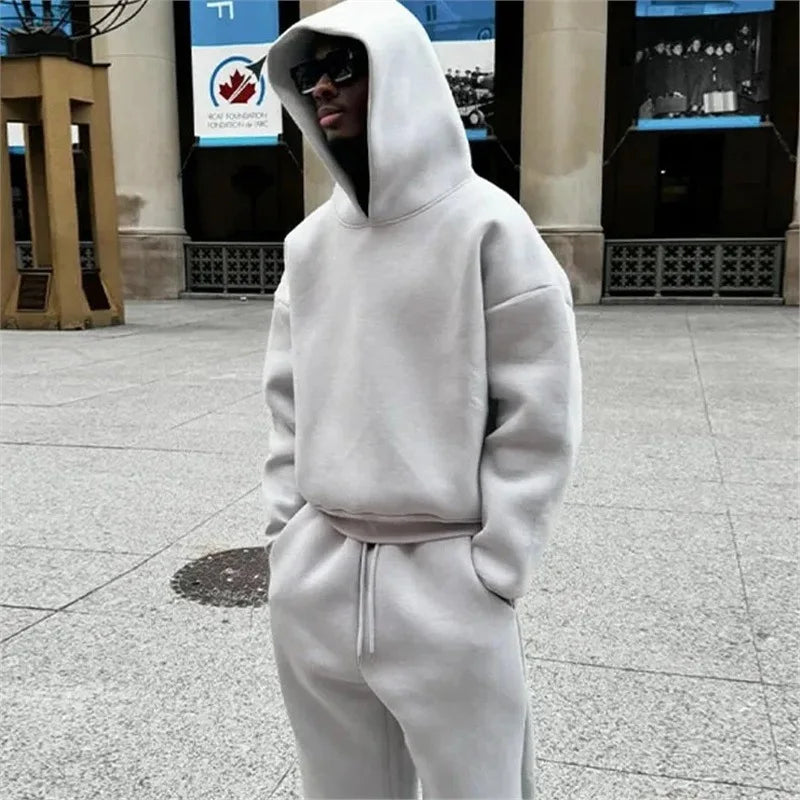 Men Pant Set Two Piece Sets Hooded Full Sleeve Sweatshirts Tops Long Pants High Waist Casual Loose Solid Streetwear Spring 2026