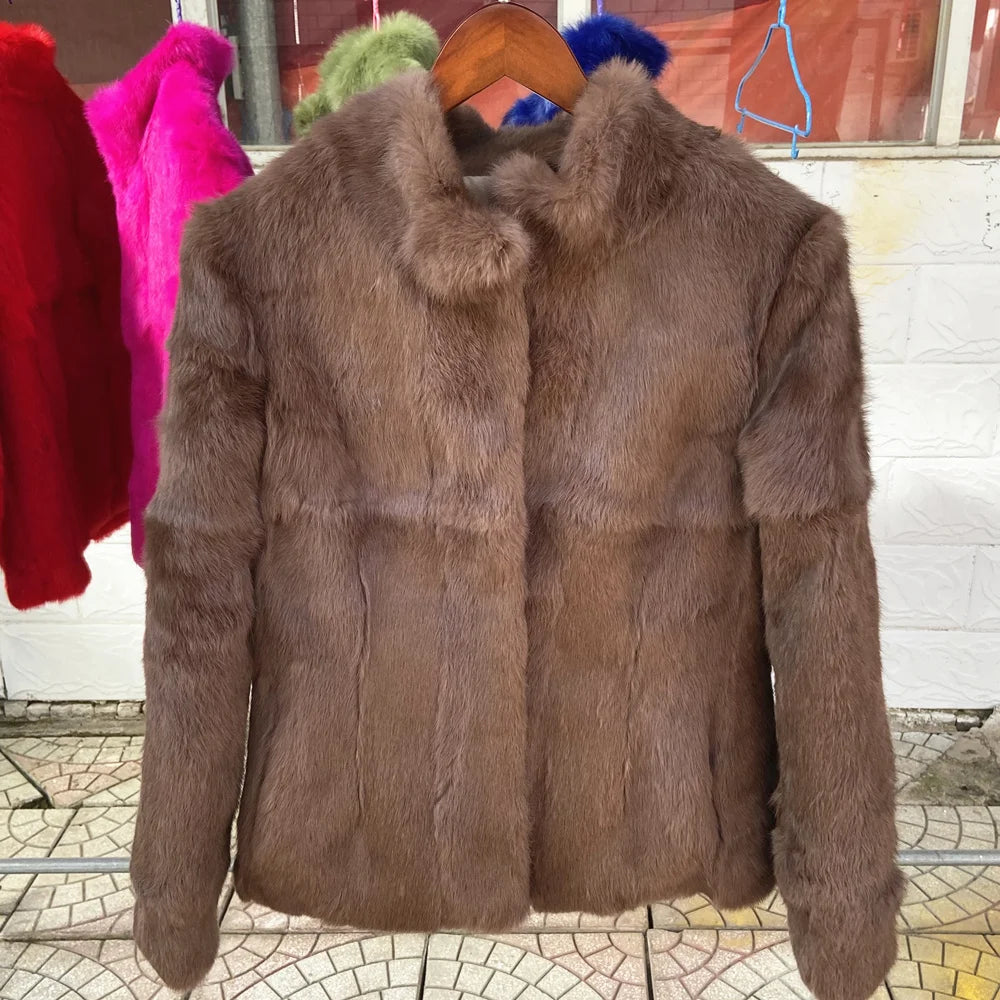 QUEENTINA Real Rabbit Fur Coat Woman Luxury Fashion Leather Autumn Winter Jacket Whole Skin 2023 For Female Natural Feather - Matrix Studios