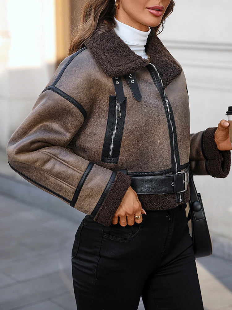 Ailegogo New Autumn Winter Women Loose Short Retro Faux Lamb Fur Coat Streetwear Female Zipper Belt Jacket Outwear - Matrix Studios