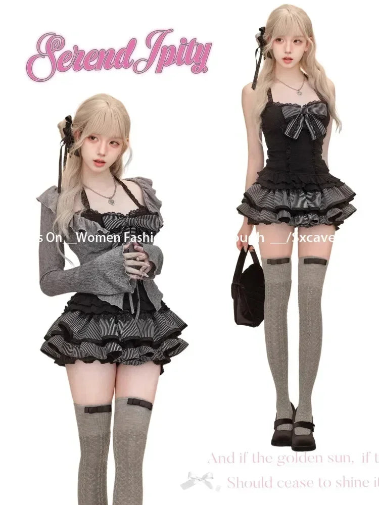 Sweet Lolita Vintage Suits Women Ruffles Cardigan + Sexy Y2k Corset Vest + Mini Skirts Autumn Korean Elegant 3 Piece Dress Sets - Matrix-studios.com