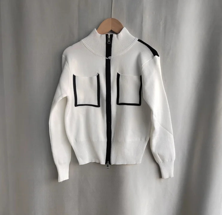 Y2k Elegant Casual Knitted Chic Jumpers Double Zipper Pockets Tender Cardigans Women Sweet Loose Stand Neck Sweaters Japanese - Matrix Studios