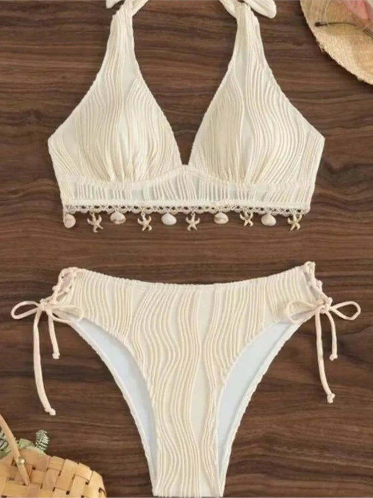 Women's Bikinis And Tankinis New Swimsuit Sexy Halter Neck Bikini Two Piece Set Solid Color Leace-up Backless Temperament Trendy - Matrix-studios.com