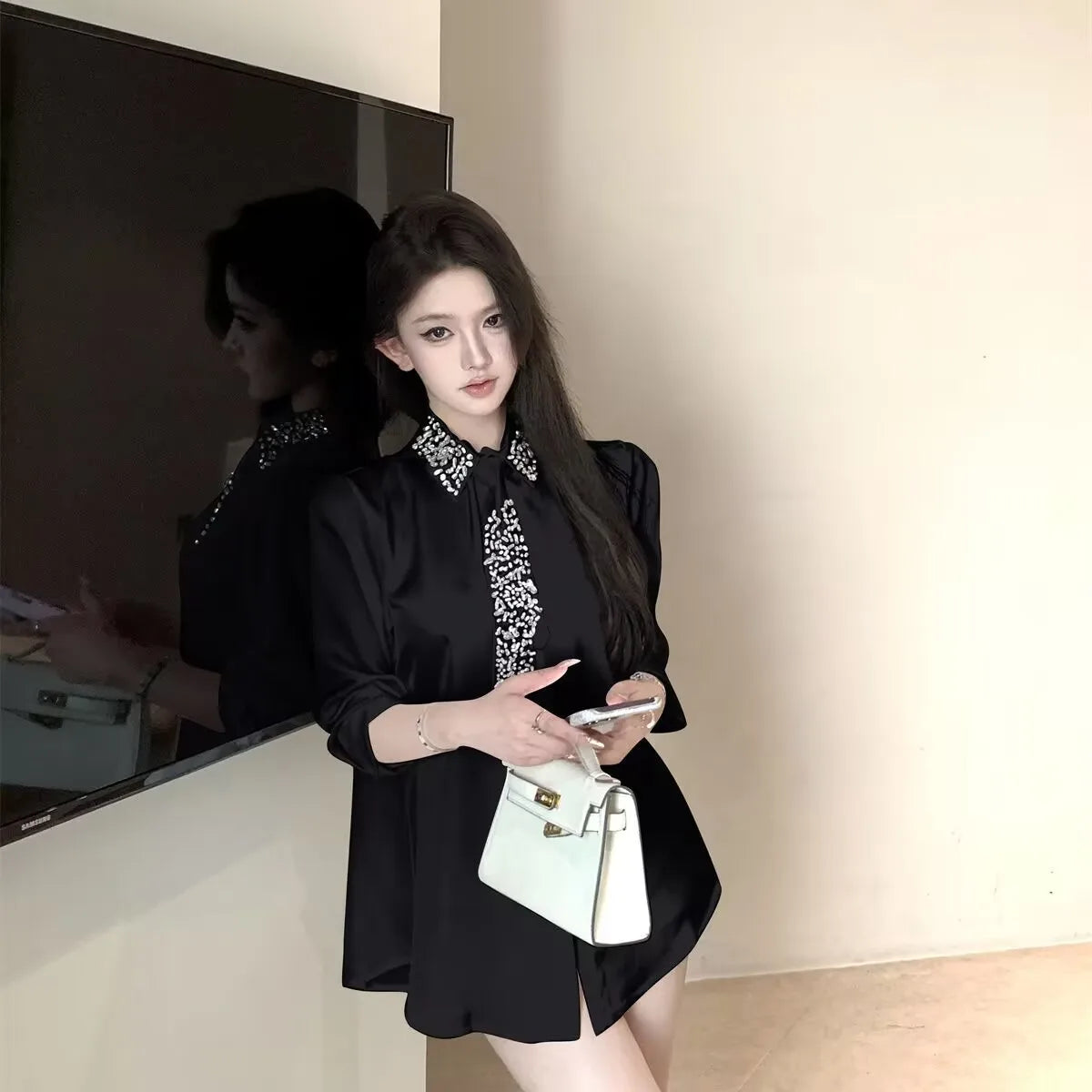 2025 Women's White Shirt New Spring Autumn Crystal Beading With Necktie Chiffon Shirt Female Blouses Ladies Tops Women Clothing - Matrix-studios.com