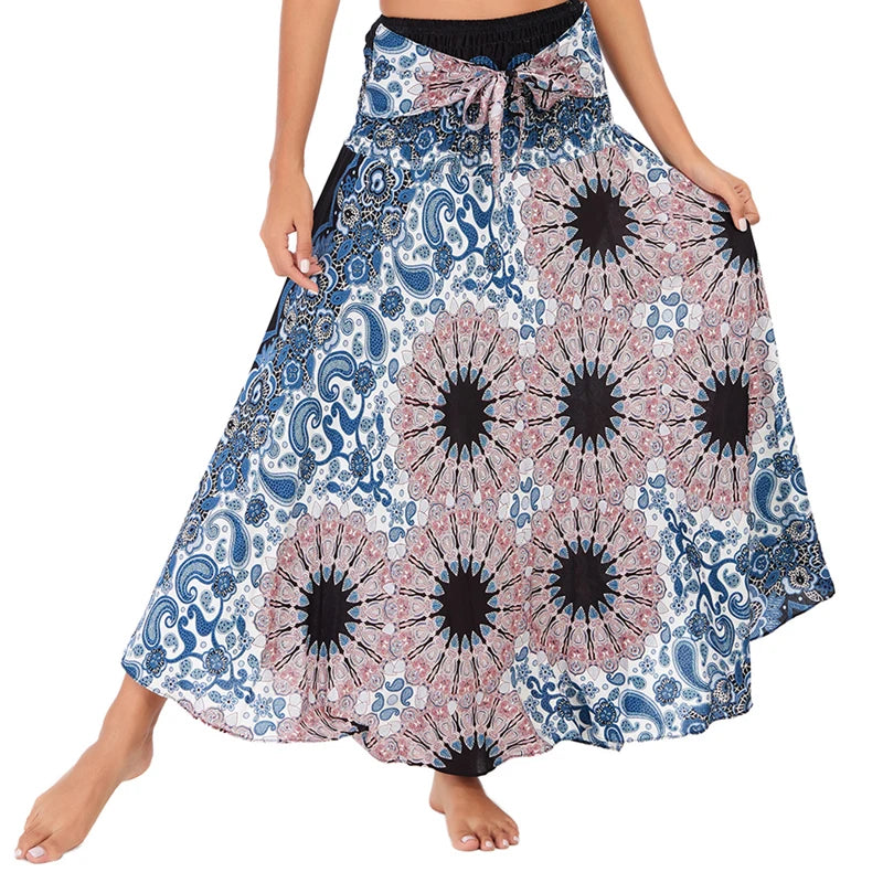 Boho Skirts Women Rayon Beach Long Dress Summer Bohemian Jupe Longue Femme Elastic Waist Print Floral Bandage Halter Hippie - Matrix Studios
