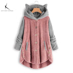 Cat Print Long Hoodies Sweatshirt Women Fleece Warm Button Pocket Pullovers Cat Ear Plus Size Hoodie Top Blouse Sweat Femme - Matrix Studios