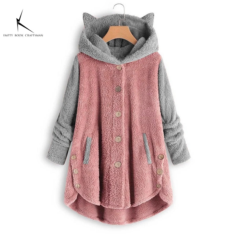 Cat Print Long Hoodies Sweatshirt Women Fleece Warm Button Pocket Pullovers Cat Ear Plus Size Hoodie Top Blouse Sweat Femme - Matrix Studios