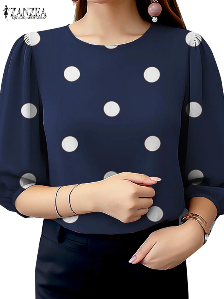 2025 Summer Polka Dots Printed Blouse ZANZEA Elegant Women Shirt Casual O-Neck 3/4 Sleeve Holiday Tops Fashion OL Work Blusas - Matrix-studios.com