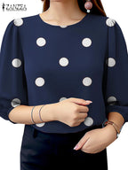 2025 Summer Polka Dots Printed Blouse ZANZEA Elegant Women Shirt Casual O-Neck 3/4 Sleeve Holiday Tops Fashion OL Work Blusas - Matrix-studios.com