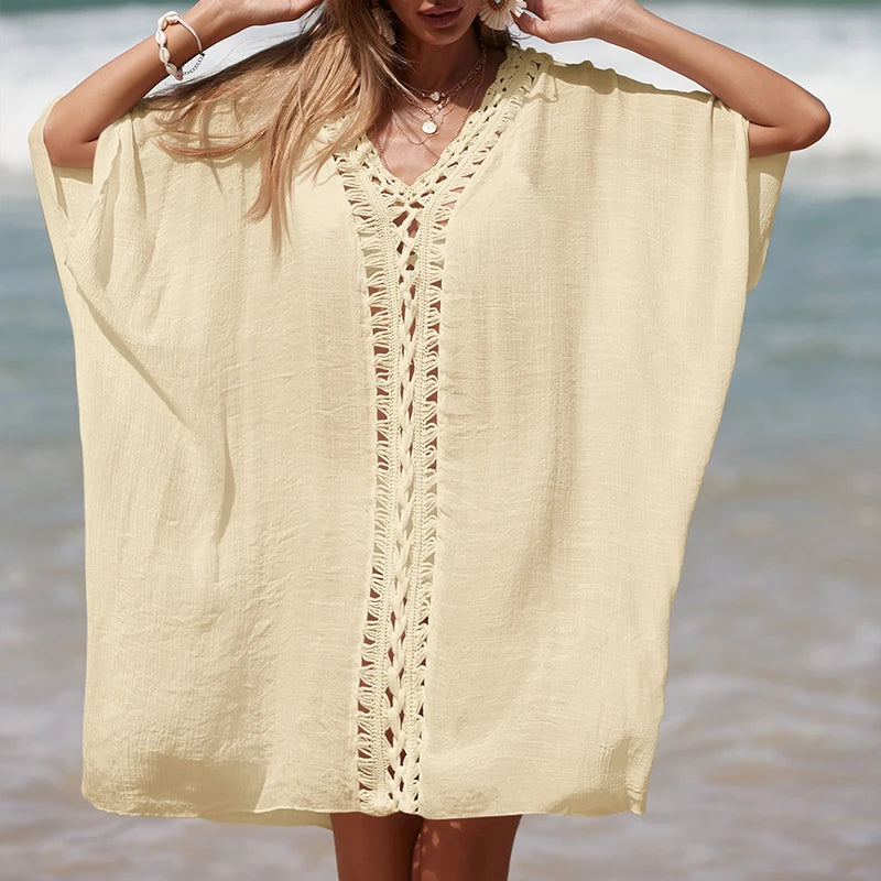 Holiday Crochet Knitted Beach Cover-Ups Dress Splicing Loose Dress Solid Color Beachwear transparent Sunscreen Sexy Beach Smock - Matrix Studios