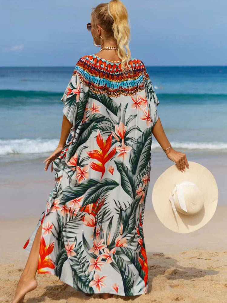Kaftan Dresses Tropical Printed Cover Ups for Swimwear Women Elegant Maxi Robe Holiday Bathing Suits Dropshipping Hot Sales - Matrix Studios