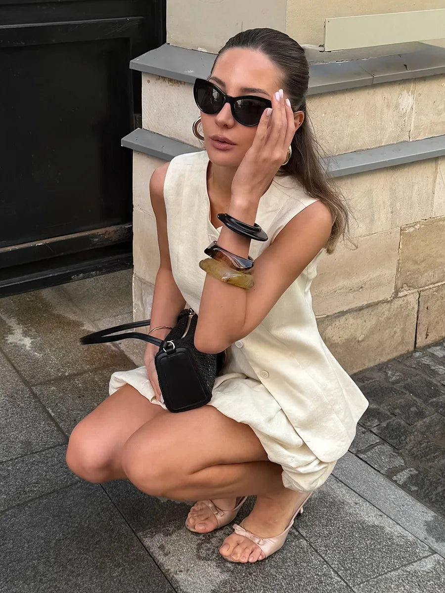 Bornladies Cotton Chic Casual Vest Mini Skirt Set Women's Fashion Commuter Sleeveless Tank Top Loose Shorts Suits Summer New - Matrix-studios.com