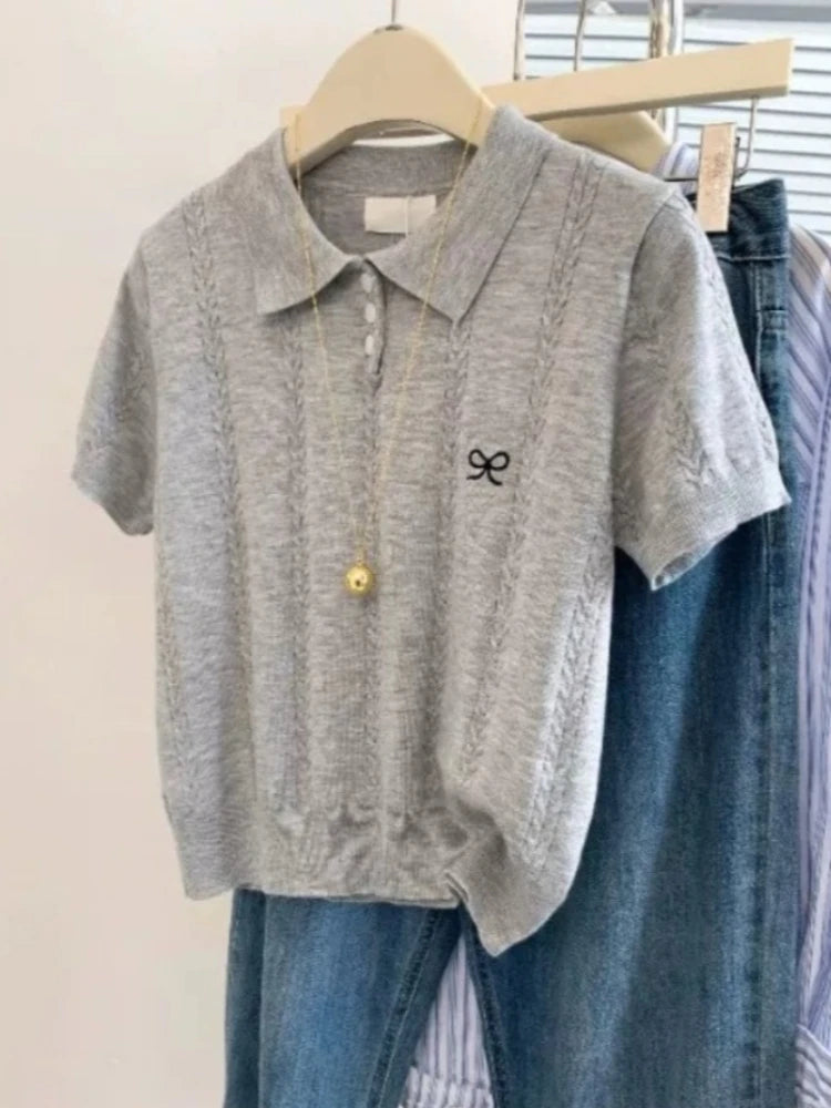 AOSSVIAO Cute Bow Embroidery Short Sleeve Tops 2026 Summer New Women Gray Knitted Polo neck T-shirt Trendy Versatile Casual Tee - Matrix-studios.com