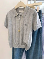 AOSSVIAO Cute Bow Embroidery Short Sleeve Tops 2026 Summer New Women Gray Knitted Polo neck T-shirt Trendy Versatile Casual Tee - Matrix-studios.com