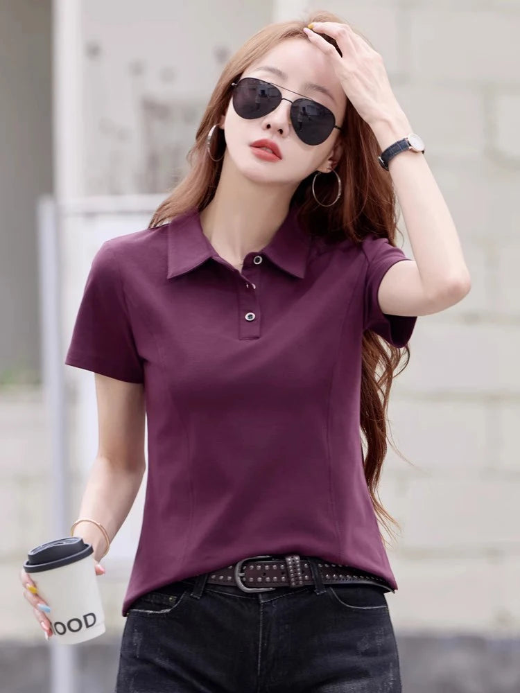 New Women Summer Casual T-shirt Fashion Button Turn-down Collar Short Sleeve Slim Polo T-shirt Simplicity Solid Color T-shirt - Matrix-studios.com