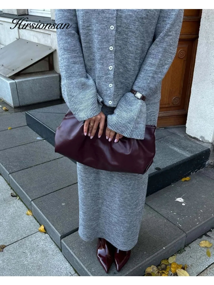 Hirsionsan Sexy Soft Elegant Vintage Women Suits 2 Pieces Female Sets Polo Neck Cardigan Sweater & Midi Dress Knitted TrackSuit - Matrix-studios.com