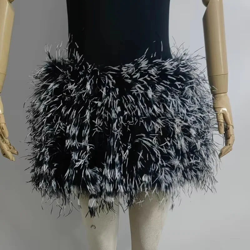 Real feather mini skirt, elastic waist sexy clothing, club, party dance party carnival short skirt can be customized in size - Matrix Studios